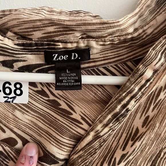 Vtg Zoe D. Animal Print 100% Linen Button Front Blouse Large Brown Classic Work - Picture 5 of 5